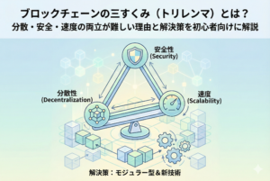ブロックチェーンの「三すくみ（トリレンマ）」を図解したアイキャッチ画像。「分散性」「安全性」「スケーラビリティ」の3要素が天秤の上でバランスを取り合っている様子を、清潔感のある色調で表現した精緻なイラスト。