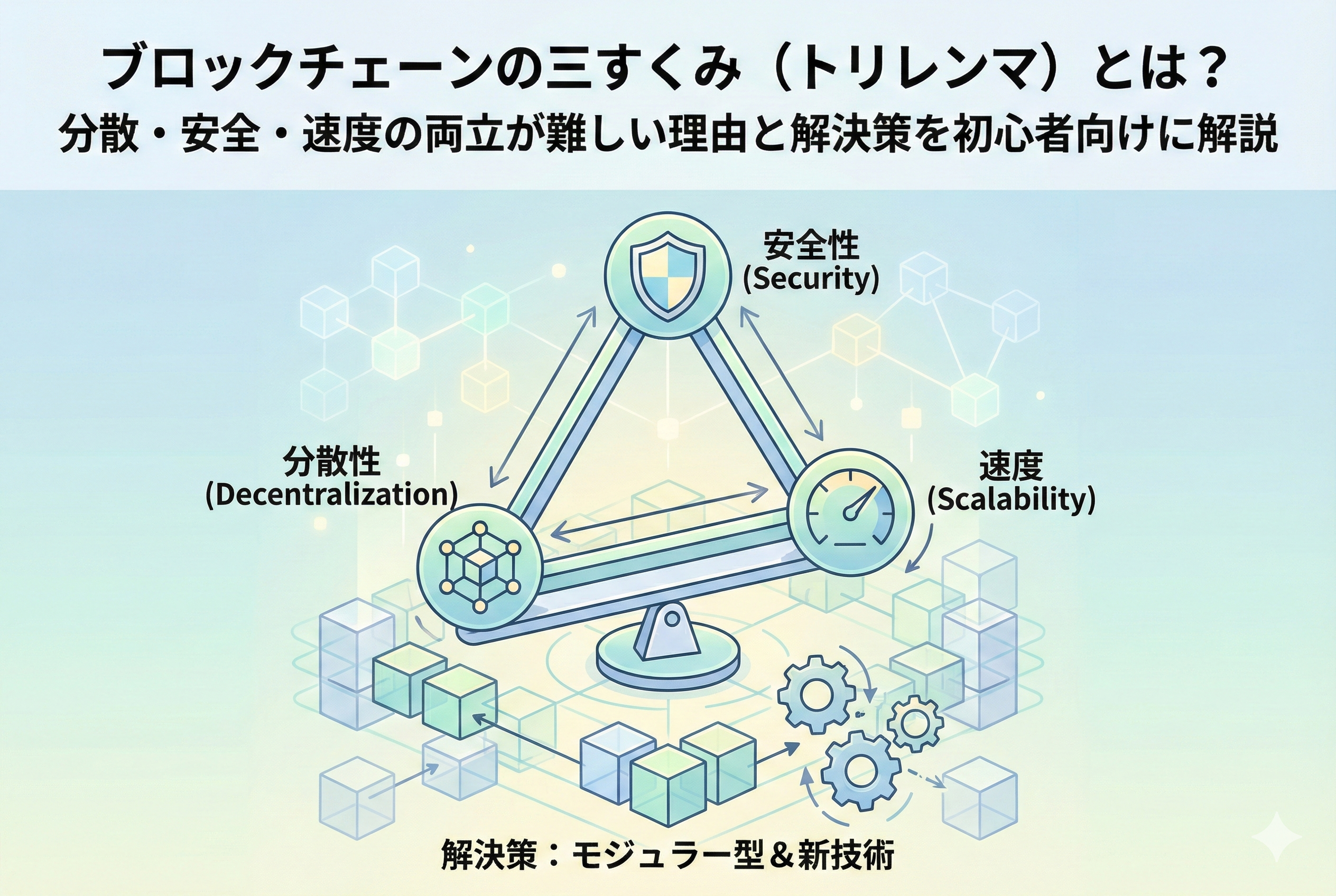 ブロックチェーンの「三すくみ(トリレンマ)」を図解したアイキャッチ画像。「分散性」「安全性」「スケーラビリティ」の3要素が天秤の上でバランスを取り合っている様子を、清潔感のある色調で表現した精緻なイラスト。