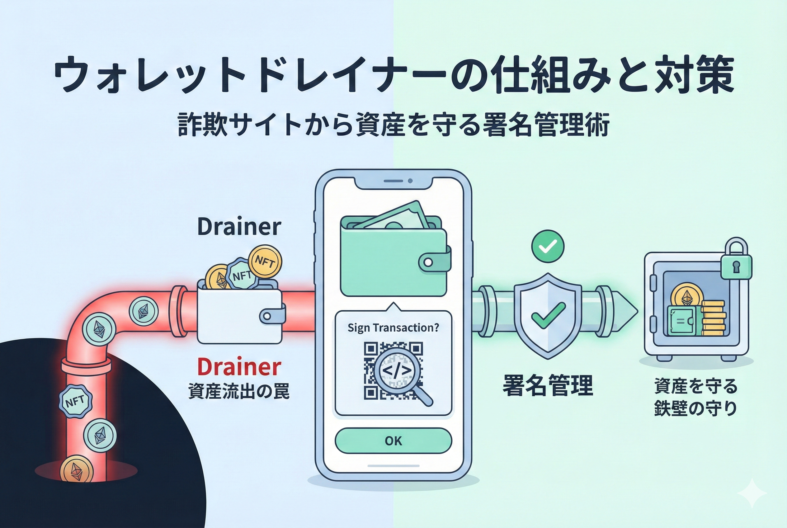 仮想通貨ウォレットから資産を吸い出そうとする不正なプログラム（ドレイナー）を、堅牢なシールドと適切な署名管理によって未然に防いでいる様子を描いた、清潔感のある精緻なイラスト。