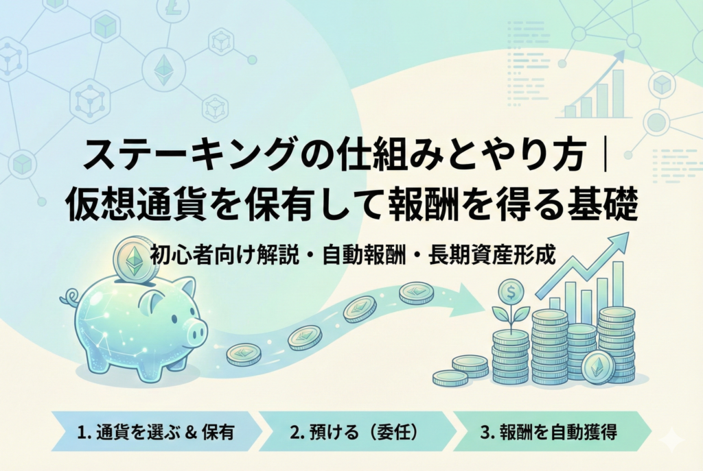 記事「ステーキングの仕組みとやり方｜仮想通貨を保有して報酬を得る基礎」のアイキャッチ画像。仮想通貨を入れた豚の貯金箱からコインが流れ出し、資産が積み上がって植物が成長するイラストが描かれている。下部には「1. 通貨を選ぶ & 保有」「2. 預ける（委任）」「3. 報酬を自動獲得」というステーキングの3ステップが示されており、初心者向けに長期資産形成をイメージさせる親しみやすいデザインとなっている。