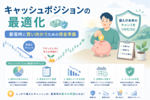キャッシュポジションの最適化について、暴落時に買い向かうための資金準備や現金比率、分割管理、リスク管理の考え方を表現したアイキャッチ画像。