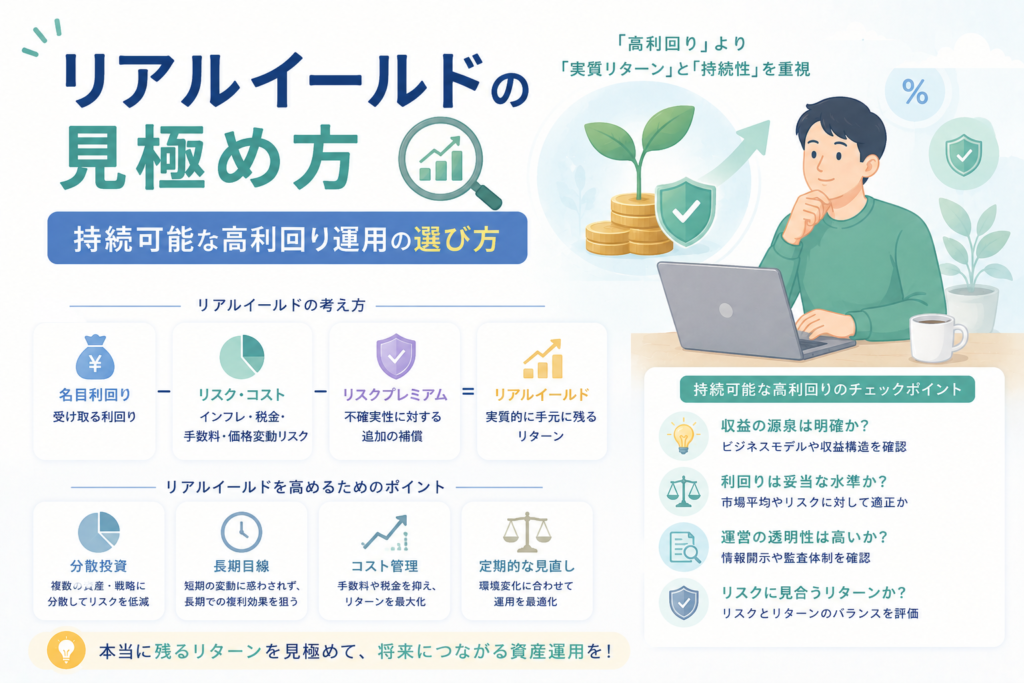 リアルイールドの見極め方について、名目利回りからインフレ・税金・手数料・価格変動リスクを考慮し、持続可能な高利回り運用を選ぶポイントを表現したアイキャッチ画像。