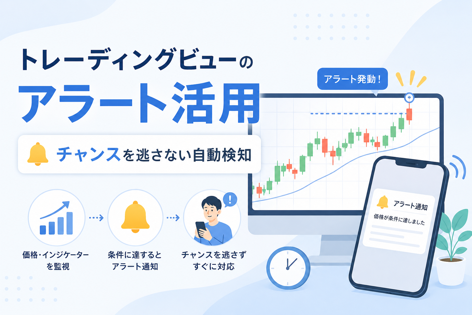 トレーディングビューのアラート機能で価格やインジケーターの条件を自動検知し、投資チャンスを逃さない仕組みを表現したアイキャッチ画像。