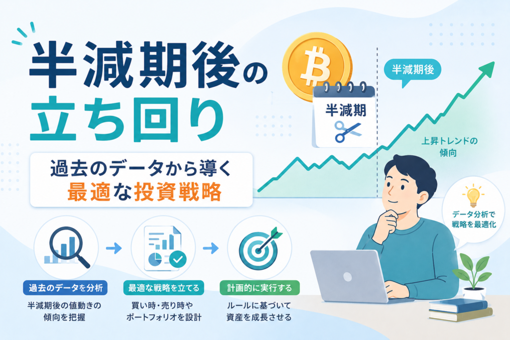 半減期後の値動きや過去データを分析し、最適な投資戦略を考える様子をチャートやビットコイン風コインで表現したアイキャッチ画像。