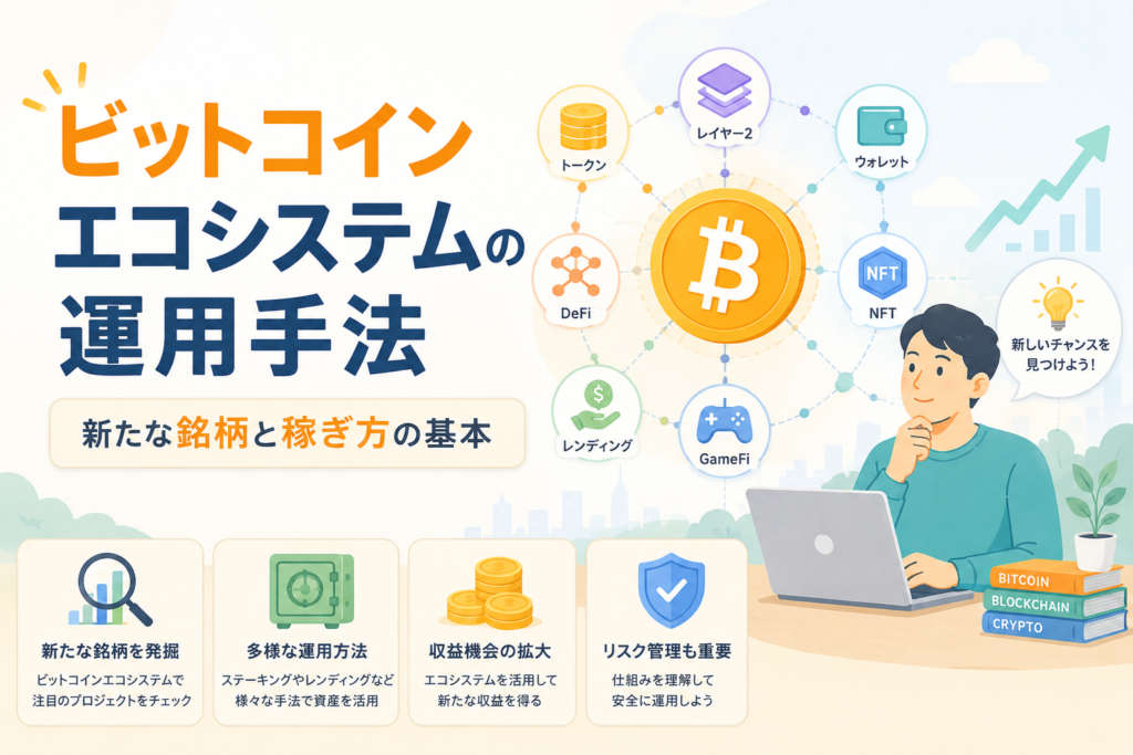 ビットコインを中心に、DeFi、NFT、レンディング、レイヤー2などのエコシステムと新たな運用機会を表現したアイキャッチ画像。