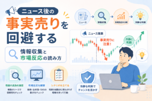 ニュース発表後の事実売りを避けるために、情報収集や市場反応を確認しながら冷静に投資判断する様子を表現したアイキャッチ画像。