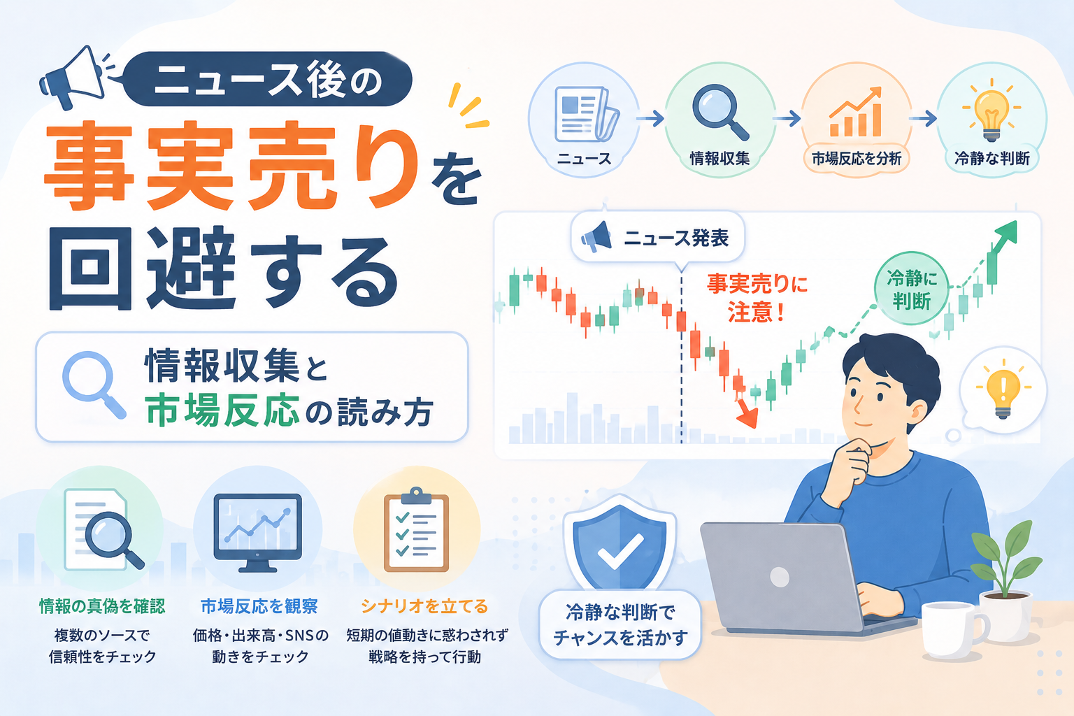 ニュース発表後の事実売りを避けるために、情報収集や市場反応を確認しながら冷静に投資判断する様子を表現したアイキャッチ画像。