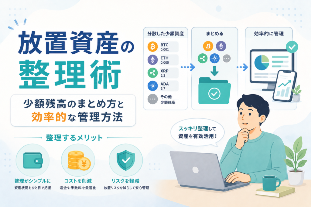 複数の口座やウォレットに分散した少額の暗号資産を整理し、まとめて効率的に管理する方法を表現したアイキャッチ画像。