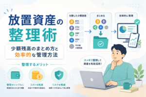 複数の口座やウォレットに分散した少額の暗号資産を整理し、まとめて効率的に管理する方法を表現したアイキャッチ画像。