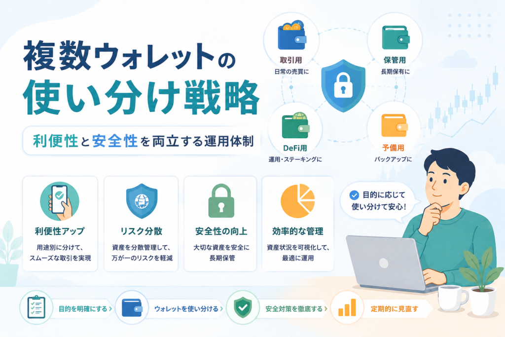 複数の暗号資産ウォレットを取引用・保管用・DeFi用・予備用に使い分け、利便性と安全性を両立する運用体制を表現したアイキャッチ画像。