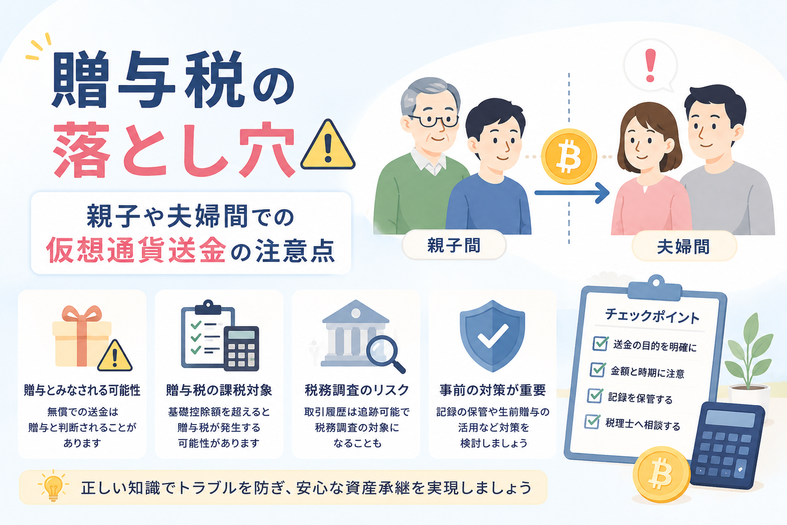 親子や夫婦間で仮想通貨を送金する際に、贈与税の対象となる可能性や税務上の注意点を表現したアイキャッチ画像。