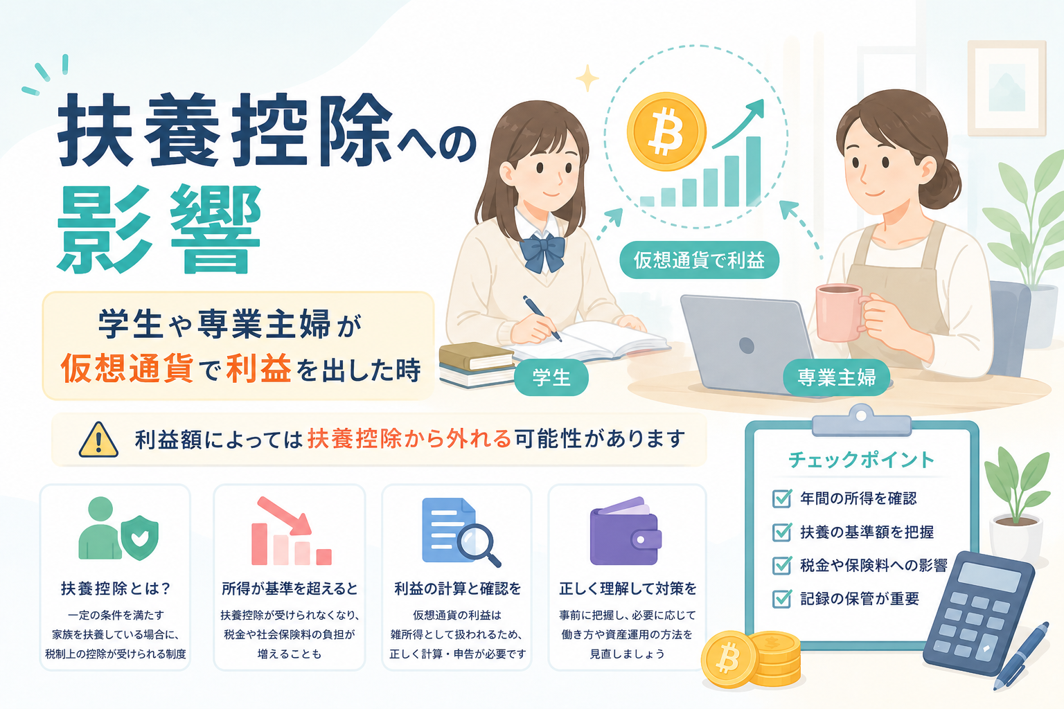 学生や専業主婦が仮想通貨で利益を出した場合に、扶養控除や税金・社会保険へ影響する可能性を表現したアイキャッチ画像。