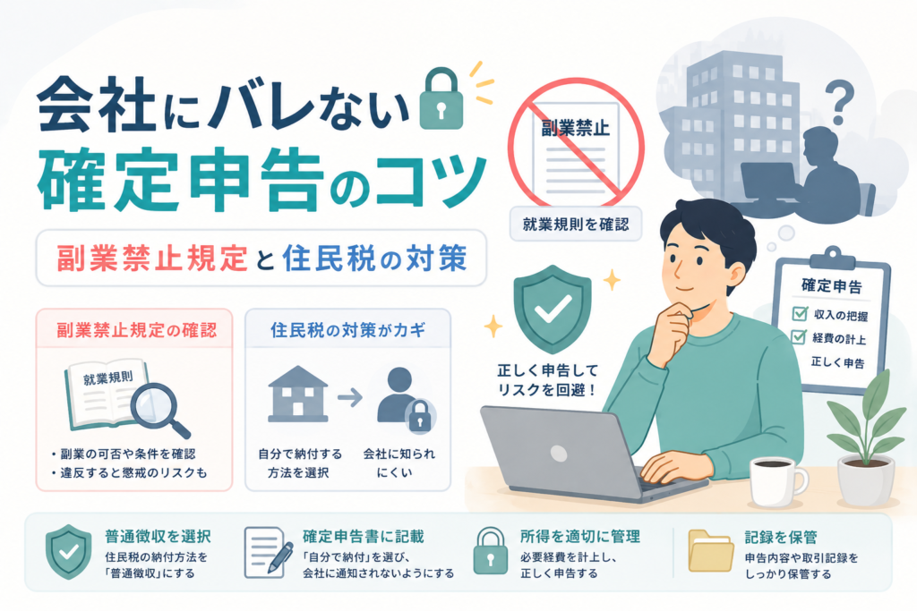 副業収入を会社に知られにくくするために、就業規則の確認や確定申告、住民税の納付方法を整理する様子を表現したアイキャッチ画像。