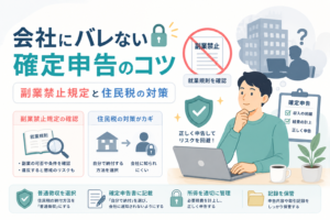 副業収入を会社に知られにくくするために、就業規則の確認や確定申告、住民税の納付方法を整理する様子を表現したアイキャッチ画像。
