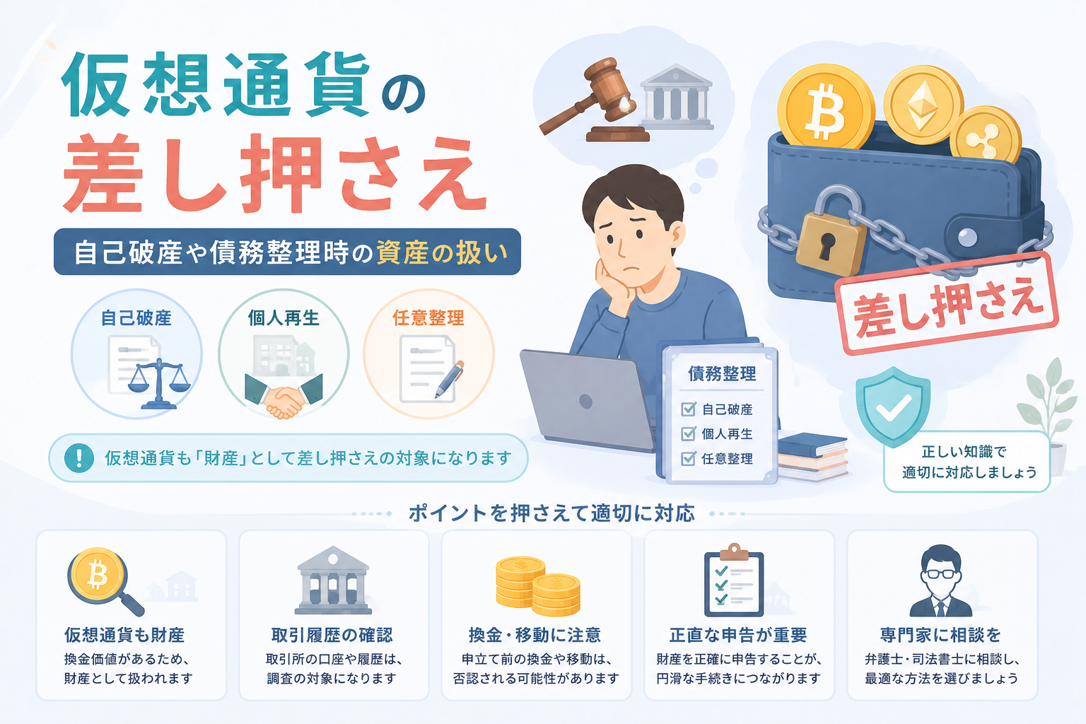 自己破産や債務整理の場面で、仮想通貨が財産として扱われ差し押さえ対象となる可能性を表現したアイキャッチ画像。