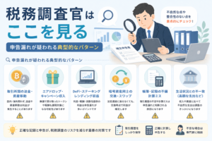 税務調査官が申告漏れを疑いやすい暗号資産取引や帳簿不備、収入と支出の不一致などの典型的な確認ポイントを表現したアイキャッチ画像。