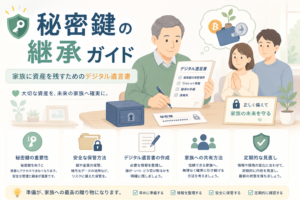 秘密鍵やウォレット情報を家族に安全に継承するため、デジタル遺言書や保管方法を整理する様子を表現したアイキャッチ画像。