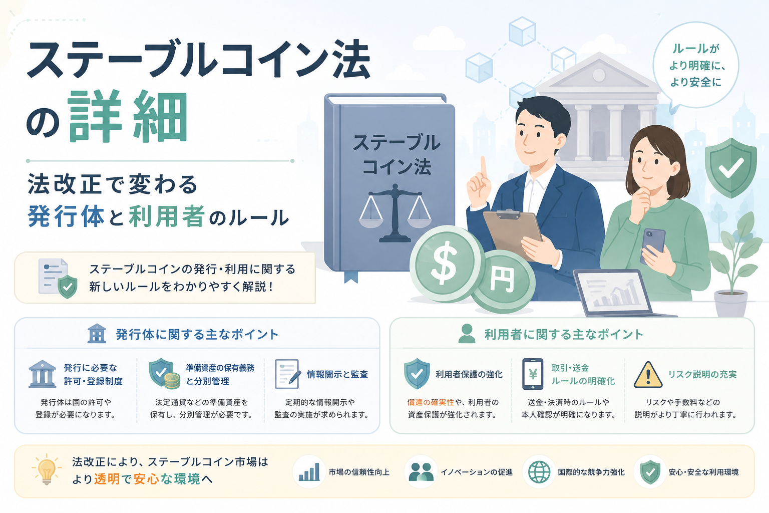 ステーブルコイン法の改正により、発行体と利用者に求められるルールや安全な利用環境の変化を表現したアイキャッチ画像。