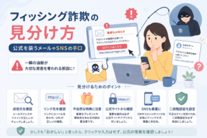 公式を装ったメールやSNSメッセージによるフィッシング詐欺を見分けるため、怪しいリンクや送信元確認、二段階認証の重要性を表現したアイキャッチ画像。