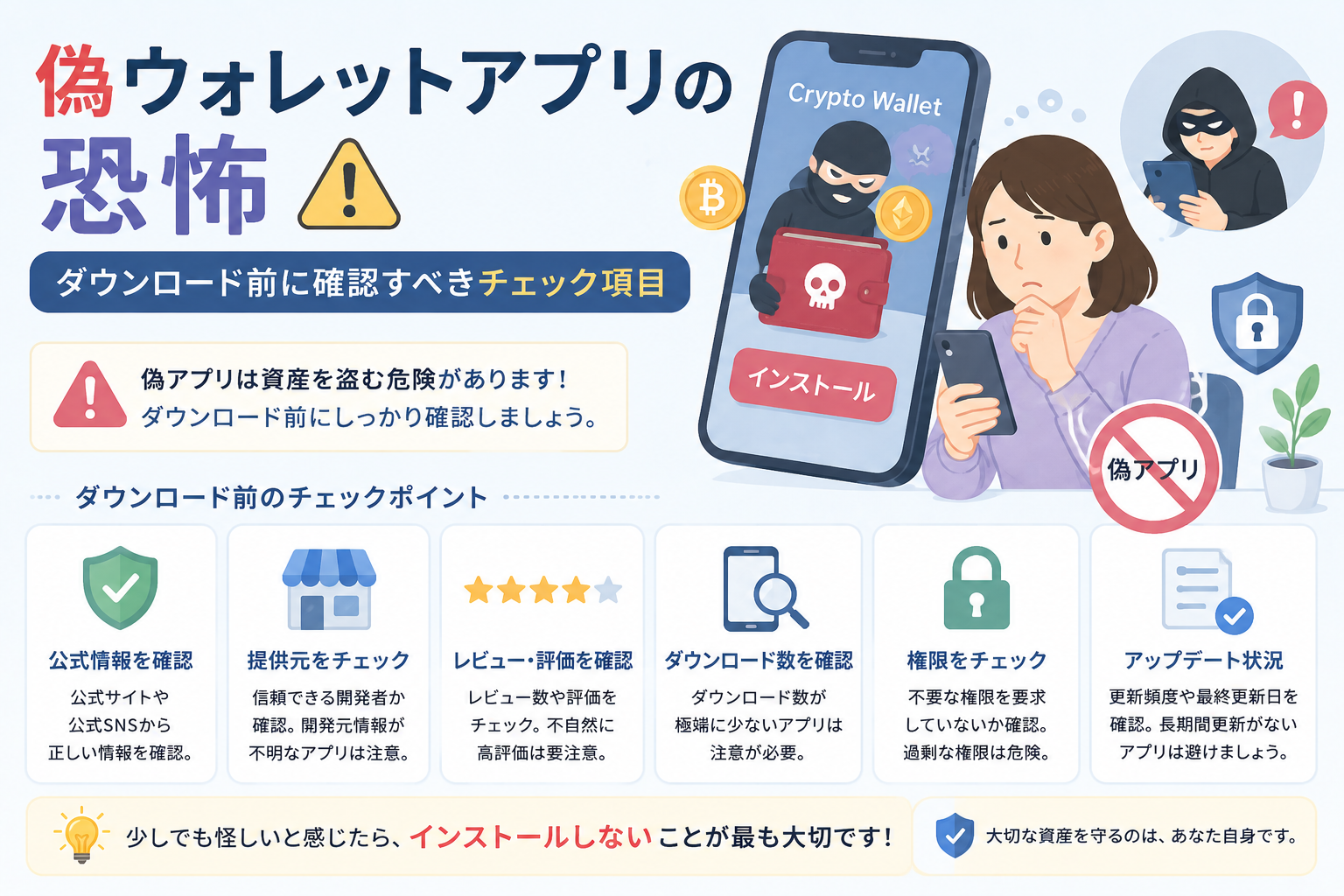 偽ウォレットアプリによる仮想通貨の盗難リスクを避けるため、公式情報や提供元、レビュー、権限などを確認する重要性を表現したアイキャッチ画像。