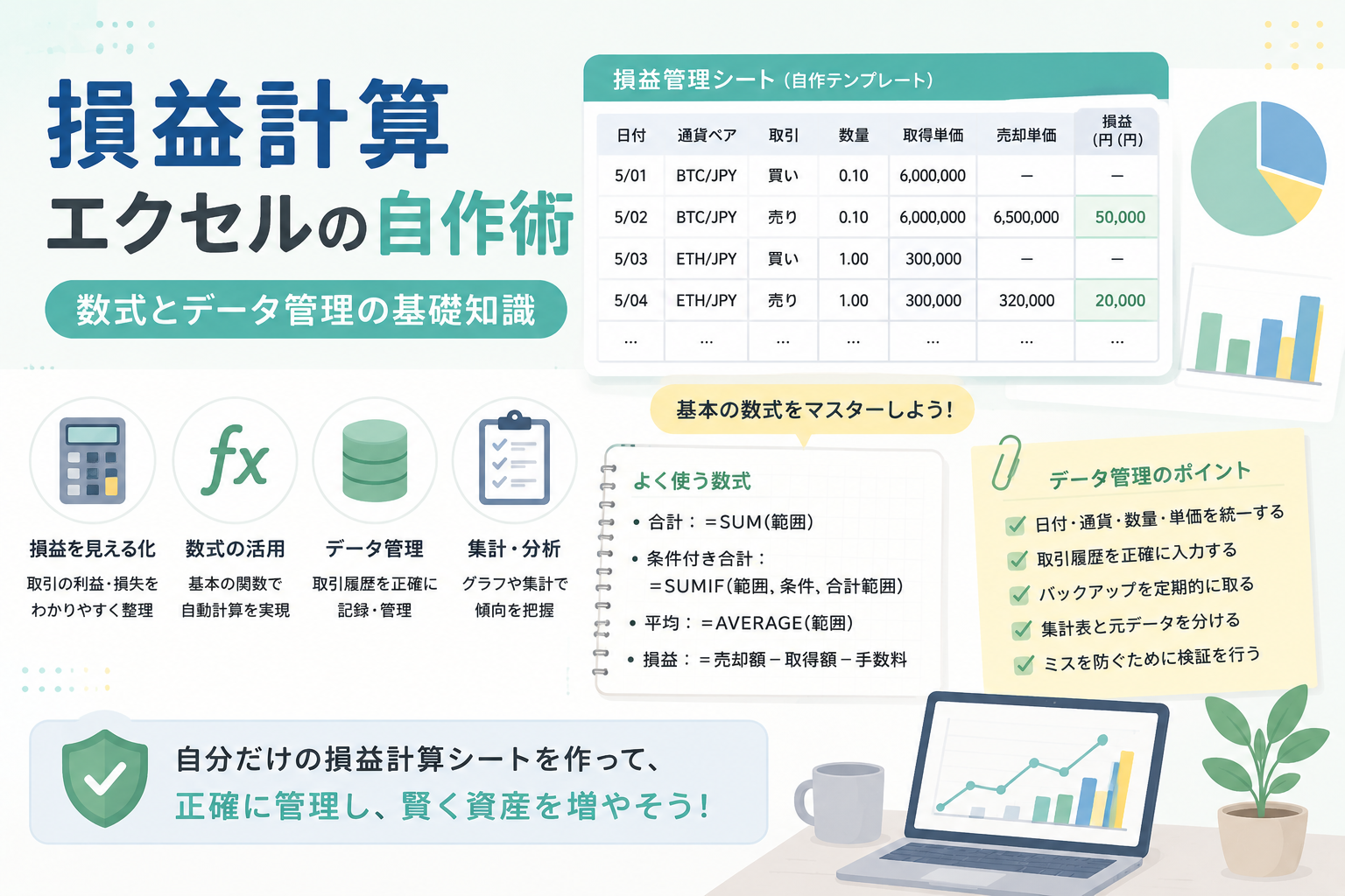 仮想通貨や投資取引の損益計算をエクセルで自作し、数式やデータ管理、集計分析を行う方法を表現したアイキャッチ画像。