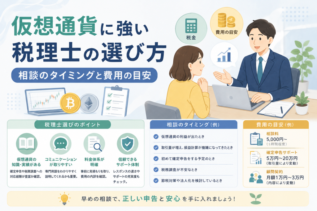 仮想通貨に詳しい税理士へ相談する場面と、税理士選びのポイントや相談タイミング、費用の目安を表現したアイキャッチ画像。