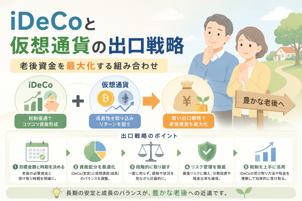 iDeCoによる安定的な老後資金形成と、仮想通貨の成長性を組み合わせた出口戦略を表現したアイキャッチ画像。
