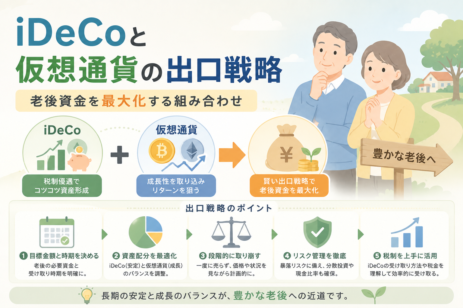 iDeCoによる安定的な老後資金形成と、仮想通貨の成長性を組み合わせた出口戦略を表現したアイキャッチ画像。