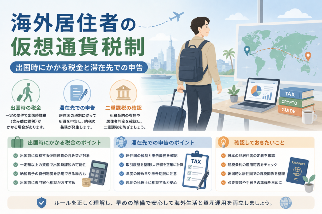 海外居住者が仮想通貨を保有・運用する際に、出国時課税や滞在先での申告、二重課税の確認が必要になることを表現したアイキャッチ画像。