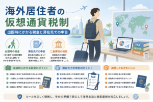 海外居住者が仮想通貨を保有・運用する際に、出国時課税や滞在先での申告、二重課税の確認が必要になることを表現したアイキャッチ画像。