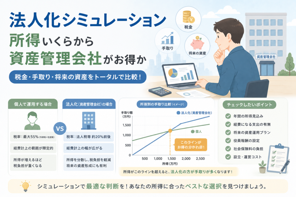 個人運用と資産管理会社での法人化を比較し、所得水準や税負担、手取り、将来資産をシミュレーションする様子を表現したアイキャッチ画像。