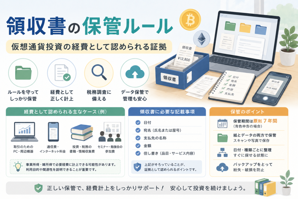 仮想通貨投資の経費として認められる証拠を残すため、領収書や請求書、データを整理して保管する方法を表現したアイキャッチ画像。