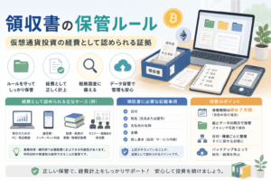 仮想通貨投資の経費として認められる証拠を残すため、領収書や請求書、データを整理して保管する方法を表現したアイキャッチ画像。