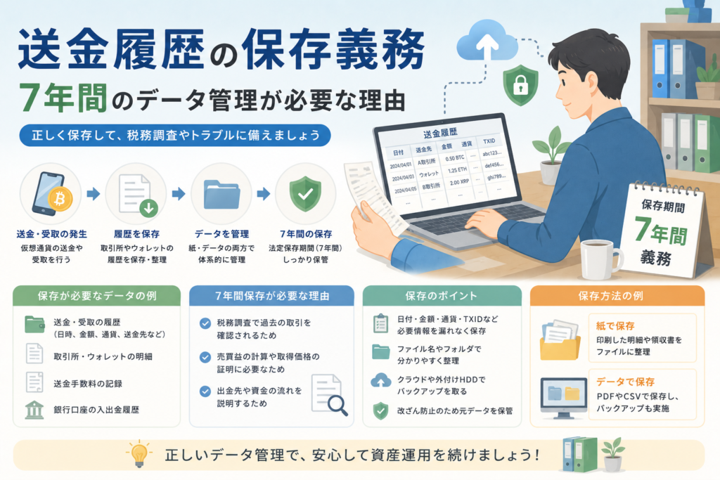 仮想通貨の送金履歴や取引履歴を7年間保存し、税務調査や申告確認に備えてデータ管理する重要性を表現したアイキャッチ画像。