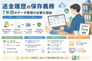 仮想通貨の送金履歴や取引履歴を7年間保存し、税務調査や申告確認に備えてデータ管理する重要性を表現したアイキャッチ画像。
