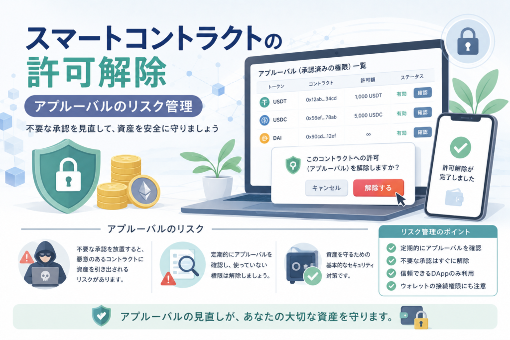 スマートコントラクトに付与したトークン利用許可を確認し、不要なアプルーバルを解除して資産流出リスクを管理する方法を表現したアイキャッチ画像。