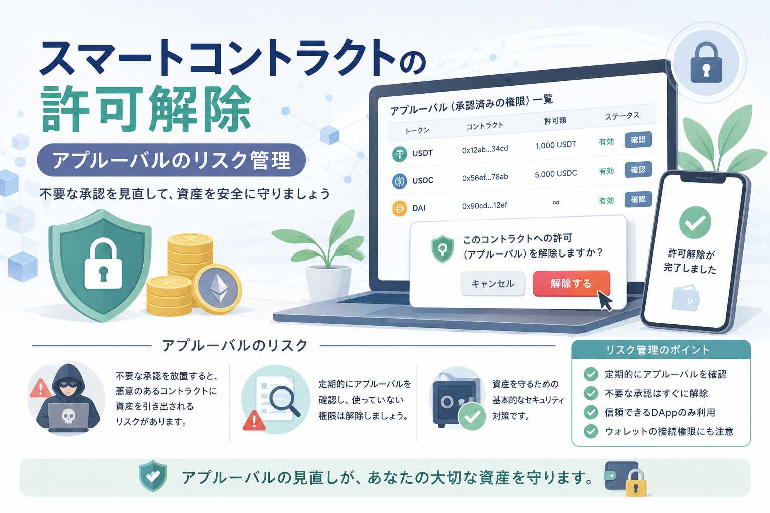 スマートコントラクトに付与したトークン利用許可を確認し、不要なアプルーバルを解除して資産流出リスクを管理する方法を表現したアイキャッチ画像。