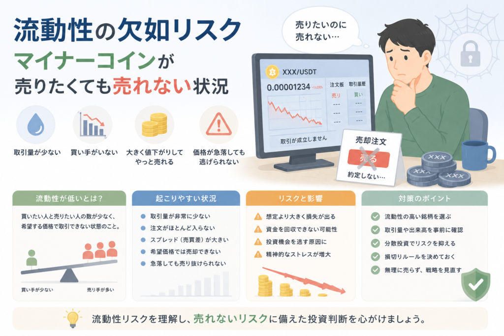 マイナーコインの取引量が少なく、売りたい時に売れない流動性リスクをチャートや売却注文の失敗画面で表現したアイキャッチ画像。