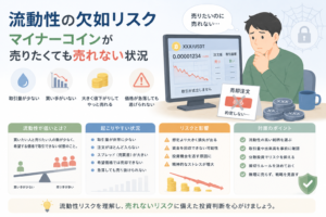 マイナーコインの取引量が少なく、売りたい時に売れない流動性リスクをチャートや売却注文の失敗画面で表現したアイキャッチ画像。