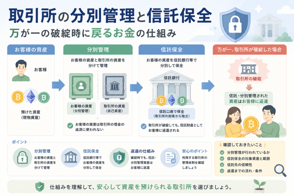 暗号資産取引所の分別管理と信託保全により、取引所破綻時に顧客資産がどのように守られ返還されるかを表現したアイキャッチ画像。
