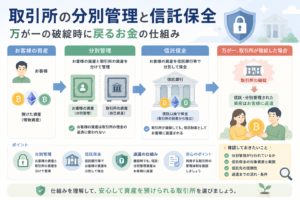暗号資産取引所の分別管理と信託保全により、取引所破綻時に顧客資産がどのように守られ返還されるかを表現したアイキャッチ画像。