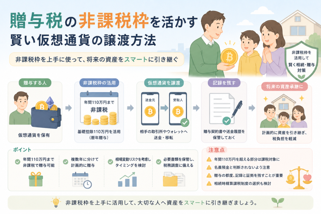 贈与税の非課税枠を活用して、仮想通貨を家族へ計画的に譲渡し、記録を残しながら資産承継を進める方法を表現したアイキャッチ画像。