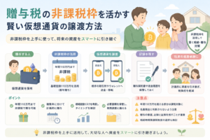 贈与税の非課税枠を活用して、仮想通貨を家族へ計画的に譲渡し、記録を残しながら資産承継を進める方法を表現したアイキャッチ画像。