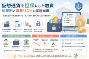 仮想通貨を担保に資金を借りる仕組みと、法規制・LTV・価格下落による清算リスクを表現したアイキャッチ画像。