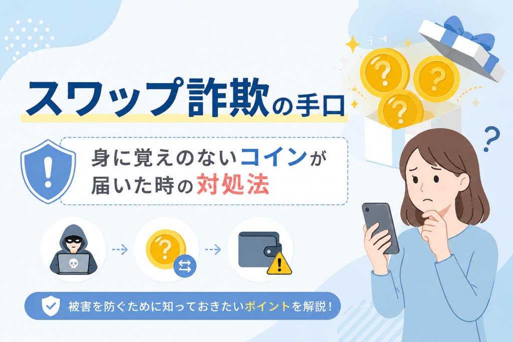 身に覚えのない仮想通貨がウォレットに届いた際の注意点と、スワップ詐欺の手口や対処法をわかりやすく解説するイメージ画像。