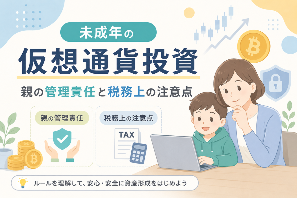 親子でパソコンを見ながら未成年の仮想通貨投資について確認し、親の管理責任や税務上の注意点をわかりやすく表現したイメージ画像。