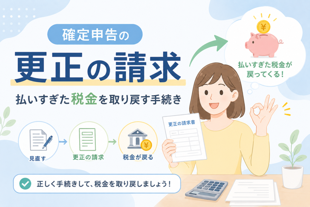 確定申告の更正の請求により、払いすぎた税金を取り戻す手続きをわかりやすく表現したイメージ画像。
