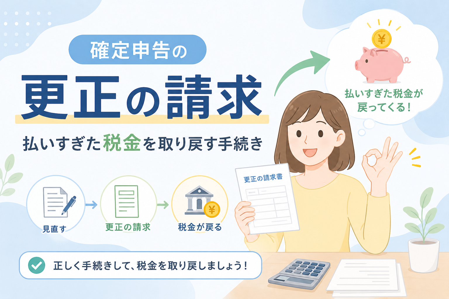 確定申告の更正の請求により、払いすぎた税金を取り戻す手続きをわかりやすく表現したイメージ画像。