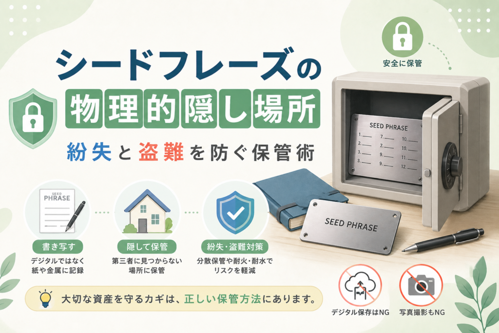 シードフレーズの安全な隠し場所や、紛失・盗難を防ぐための保管方法をわかりやすく表現したイメージ画像。