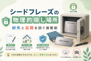 シードフレーズの安全な隠し場所や、紛失・盗難を防ぐための保管方法をわかりやすく表現したイメージ画像。